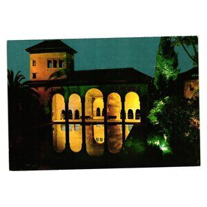 Vintage Granada Alhambra Postcard Torre De Las Damas Night Scene Spain Tower